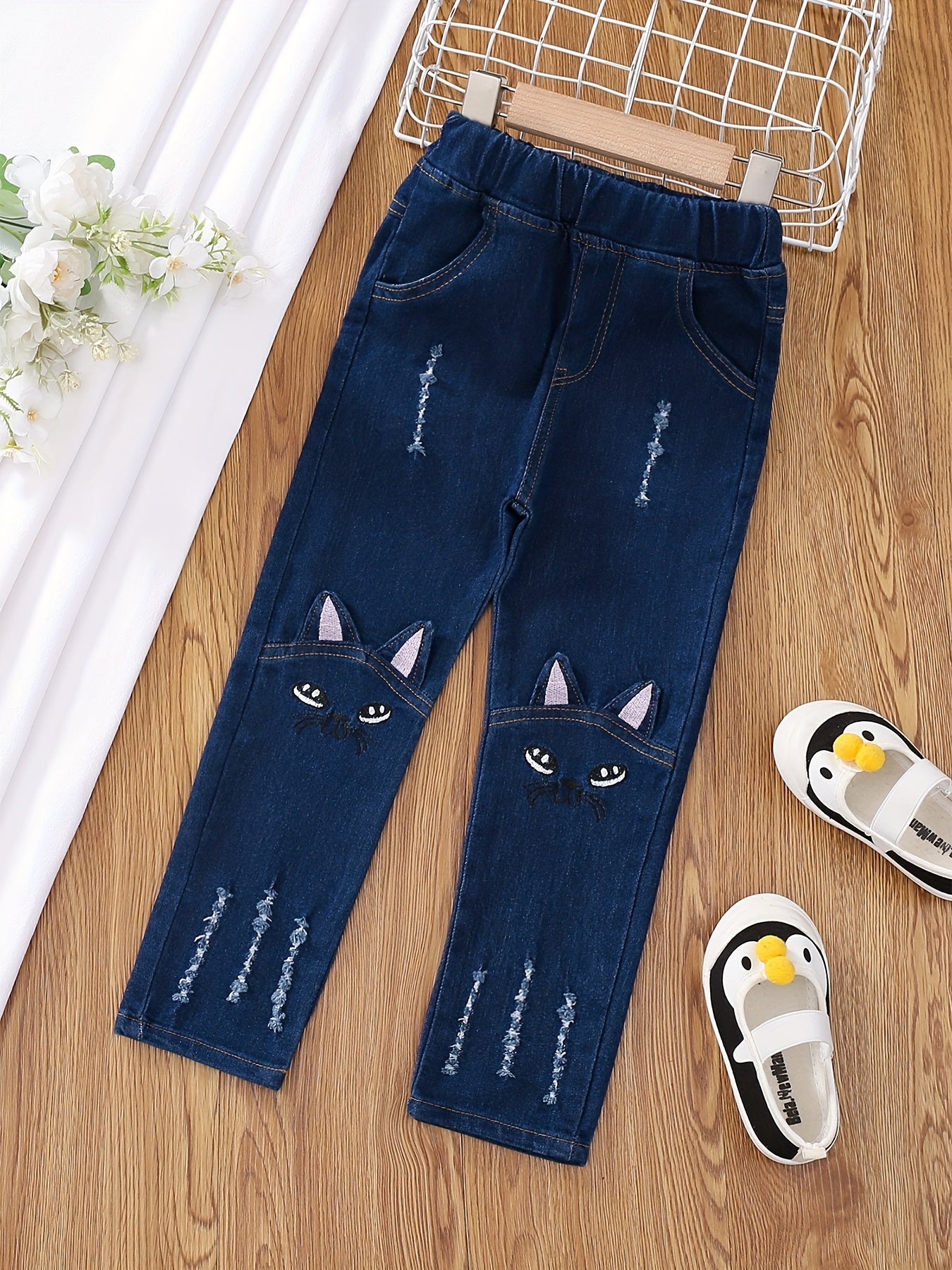 Girls Cartoon Embroidered Denim Trousers