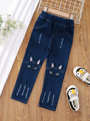 Girls Cartoon Embroidered Denim Trousers