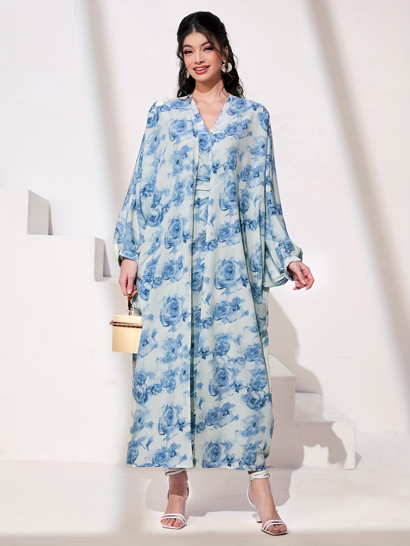 Floral Print 2pc Set Long Cardigan & Knotted Dress
