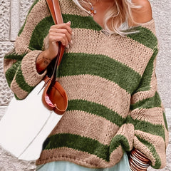 V-Neck Striped Sweater Long Sleeve Loose Jumper