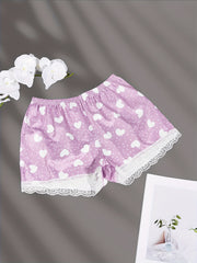 Heart Print Sleep Bottoms & Lace Trim Elastic Waistband Shorts