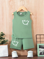 Boy's 2pcs Tank Top & Shorts Set, Happy Face Print, Casual Outfit