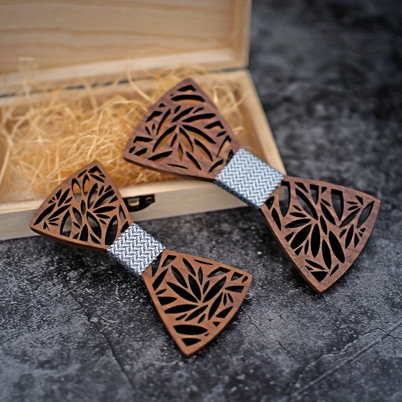 Retro Carved Walnut Wood Bow Tie Set for Father and Son