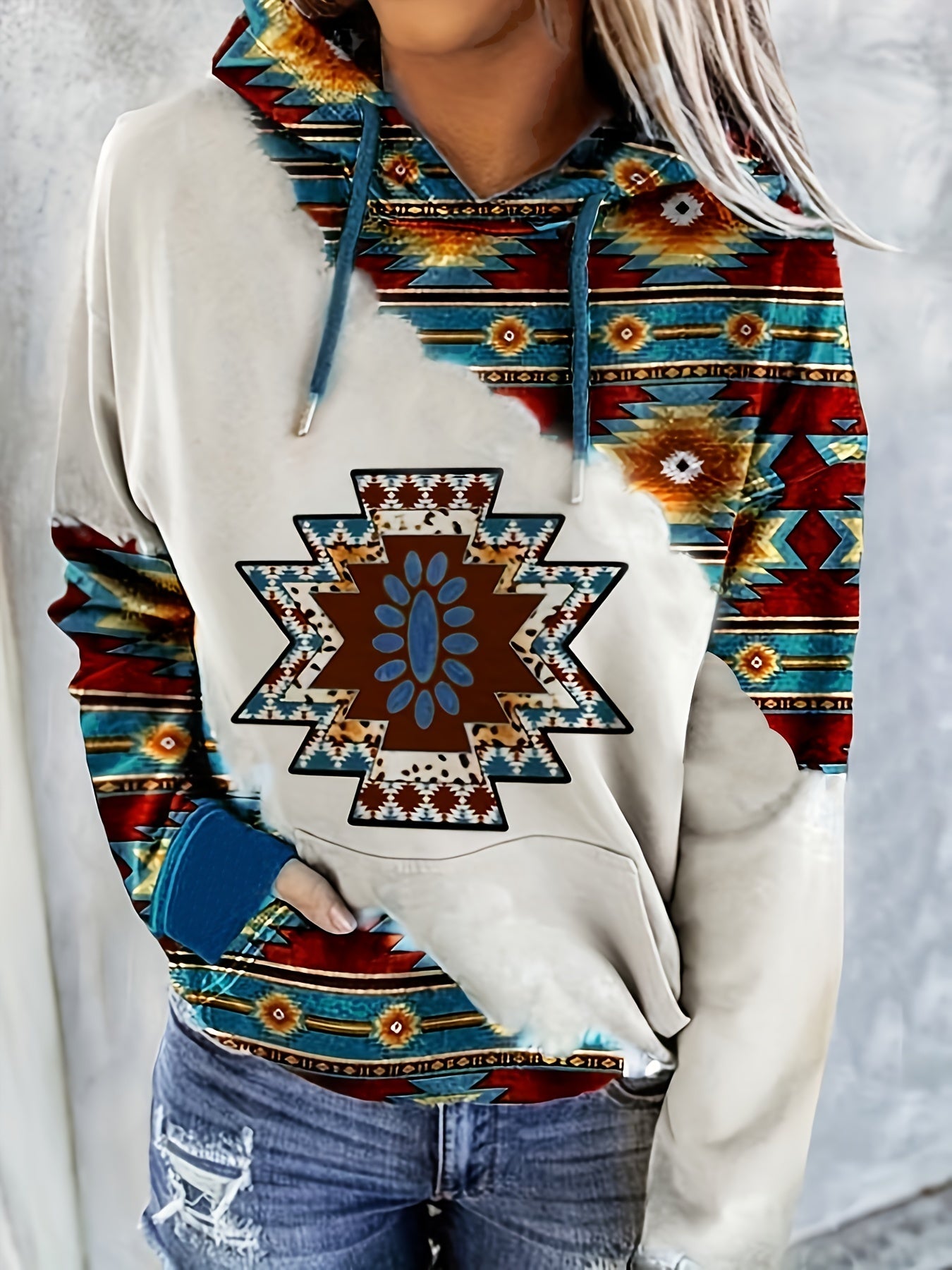 Ethnic Print Kangaroo Pocket Hoodie Long Sleeve Drawstring Hoodies