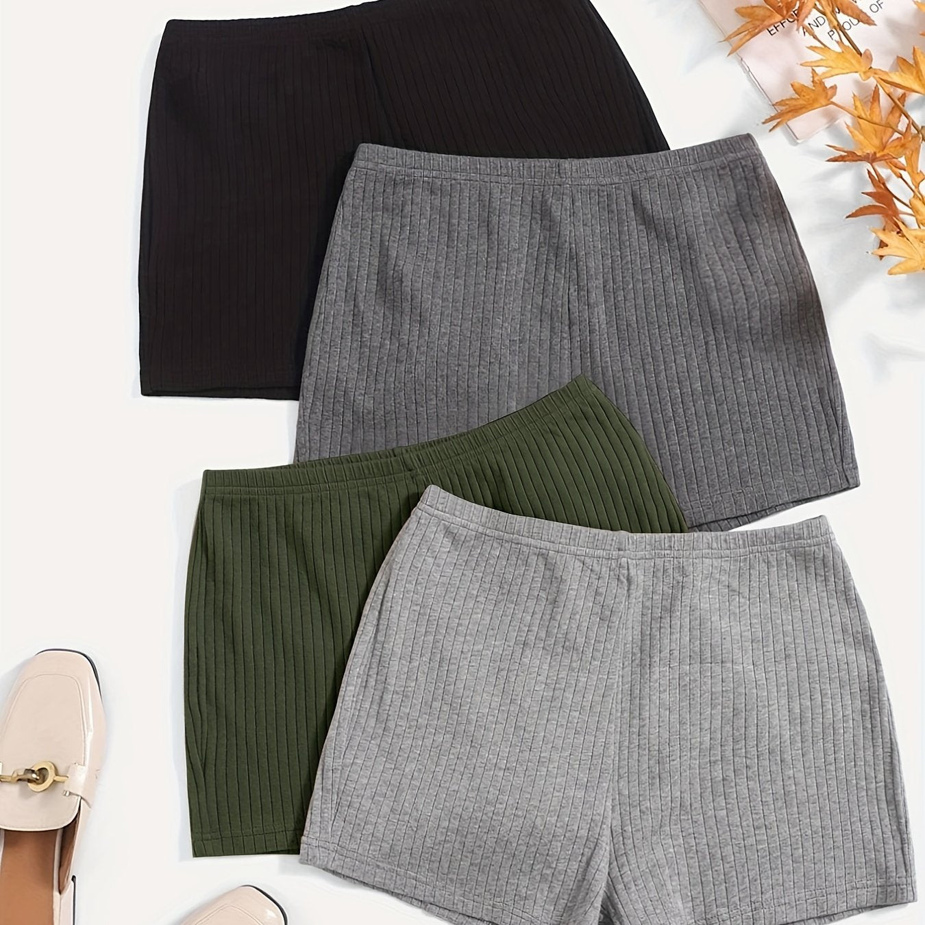 Ribbed Knit Shorts 4 Pack Elastic Waist Women's Clothing
