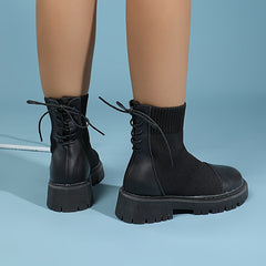 Platform Ankle Stretch Boots Lace Up Round Toe Short Boots