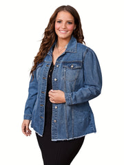 Sporty Denim Top Plus Size Long Puff Sleeve Lapel Collar Button Up