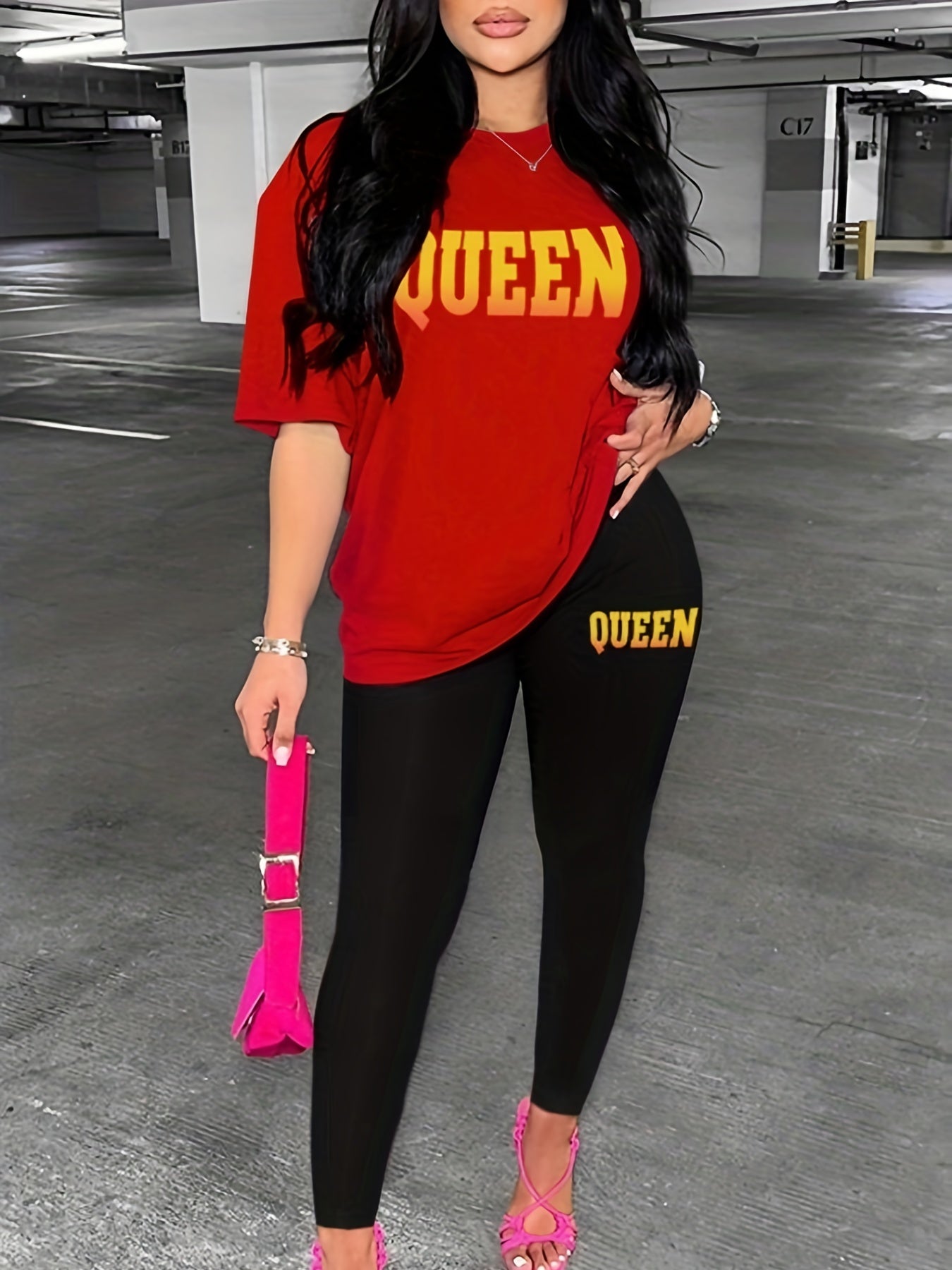 Queen Print Two piece Set Crew Neck Tee & Slim Pants