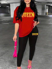 Queen Print Two piece Set Crew Neck Tee & Slim Pants