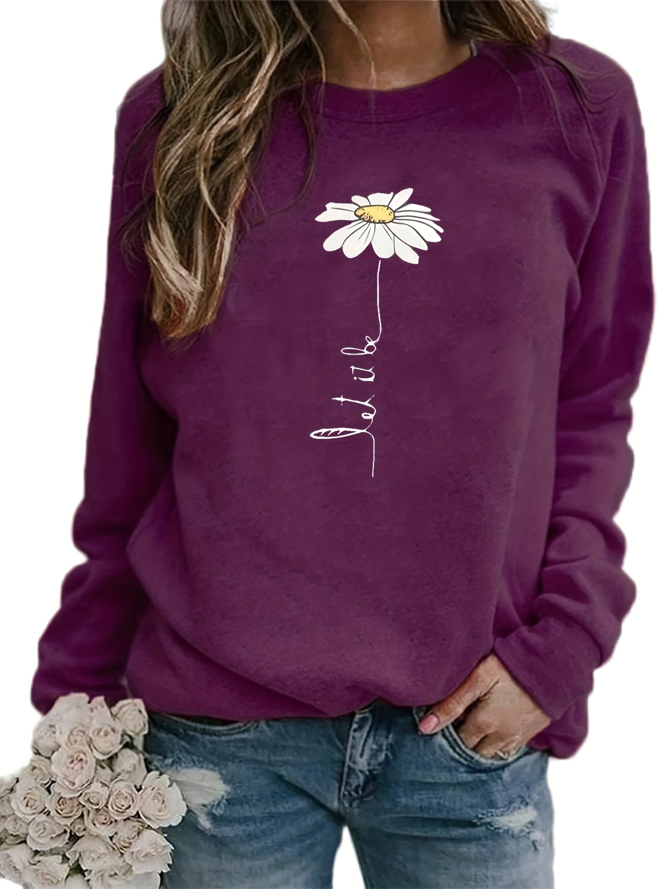 Daisy Print Crew Neck Sweatshirt for Fall & Winter