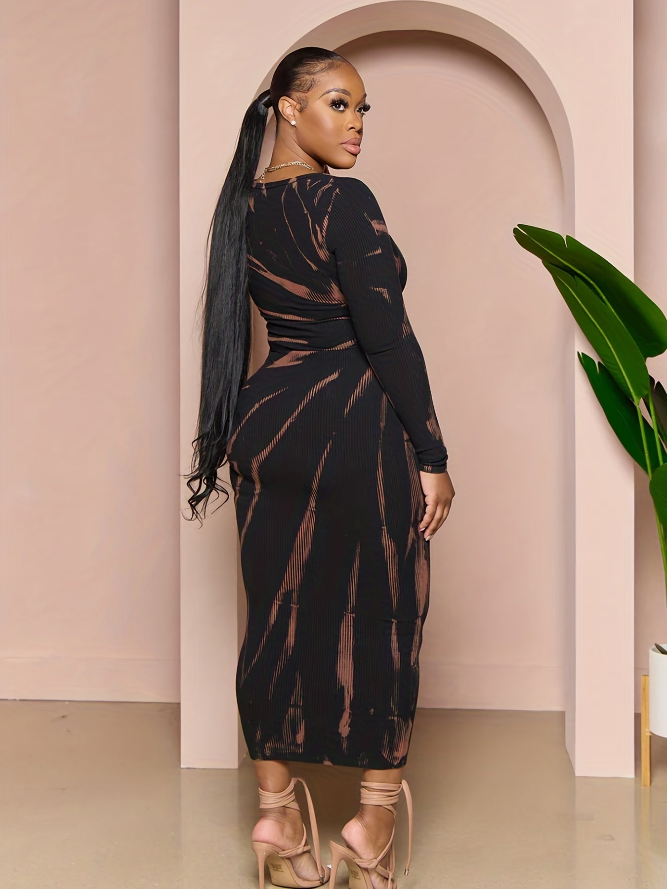 Sexy Dress Random Print Long Sleeve Bodycon Midi Maxi Dress