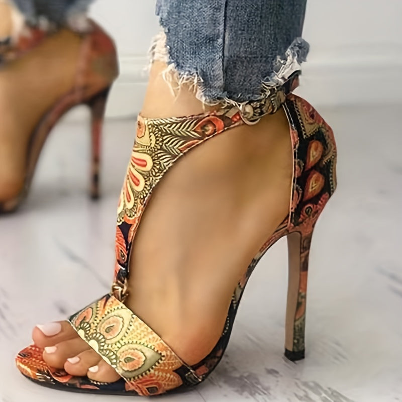 Floral Print Stiletto Heels Buckle Strap Summer Pumps