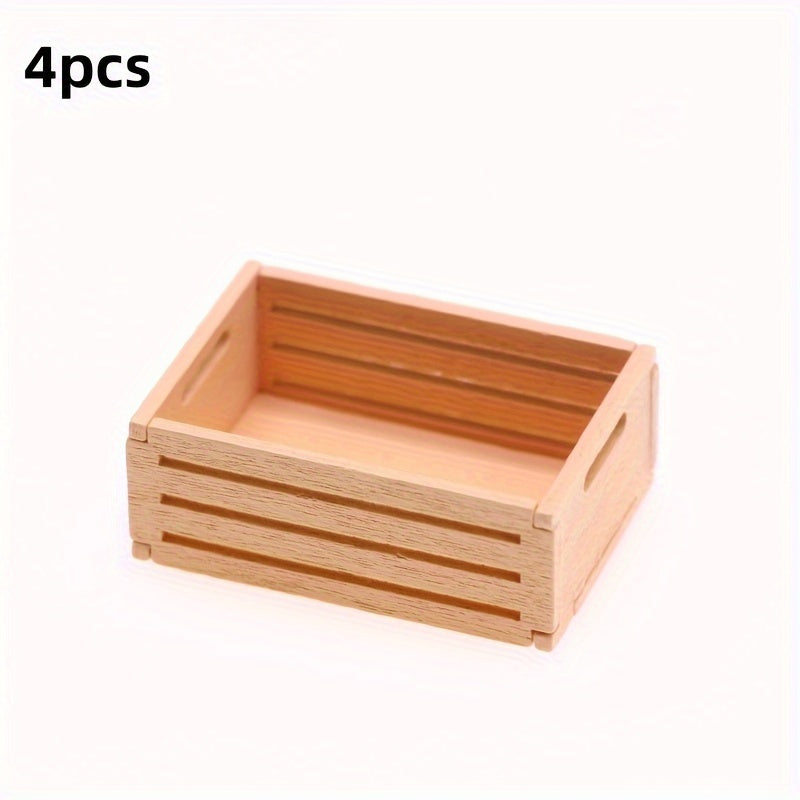 4pcs Mini Wooden Fruit Frame & Cloth Storage Basket Dollhouse Accessories