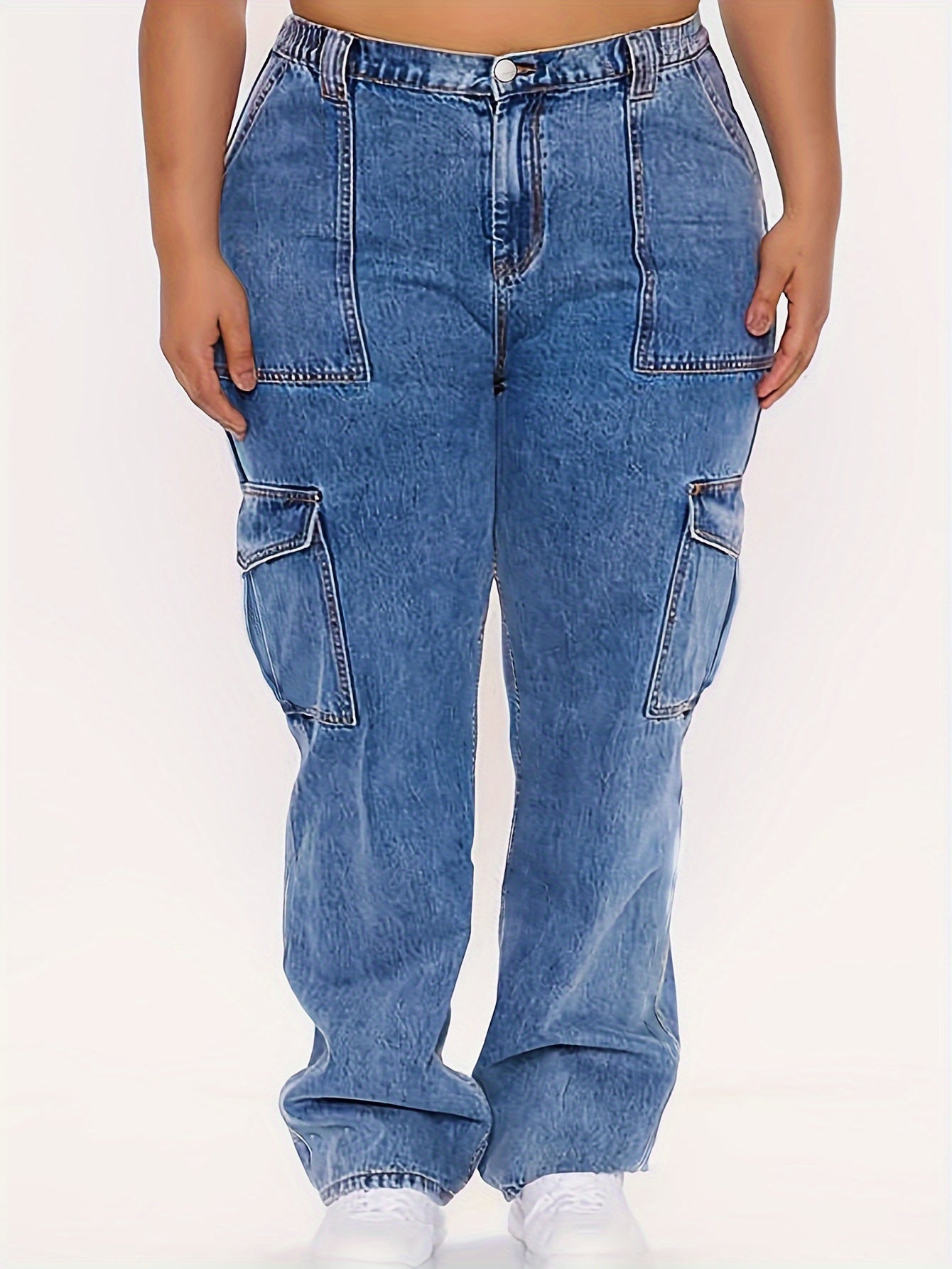 Casual Cargo Jeans Women's Plus Solid Pipping Button Fly High Rise