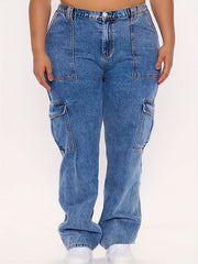 Casual Cargo Jeans Women's Plus Solid Pipping Button Fly High Rise