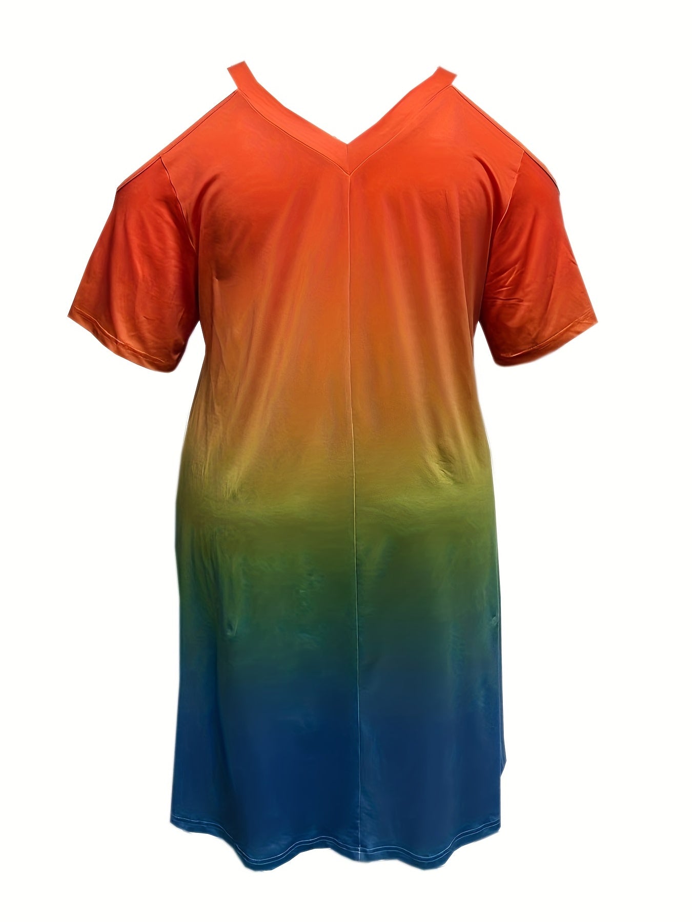 Colorblock Ombre Print Cold Shoulder V Neck Stretch Dress