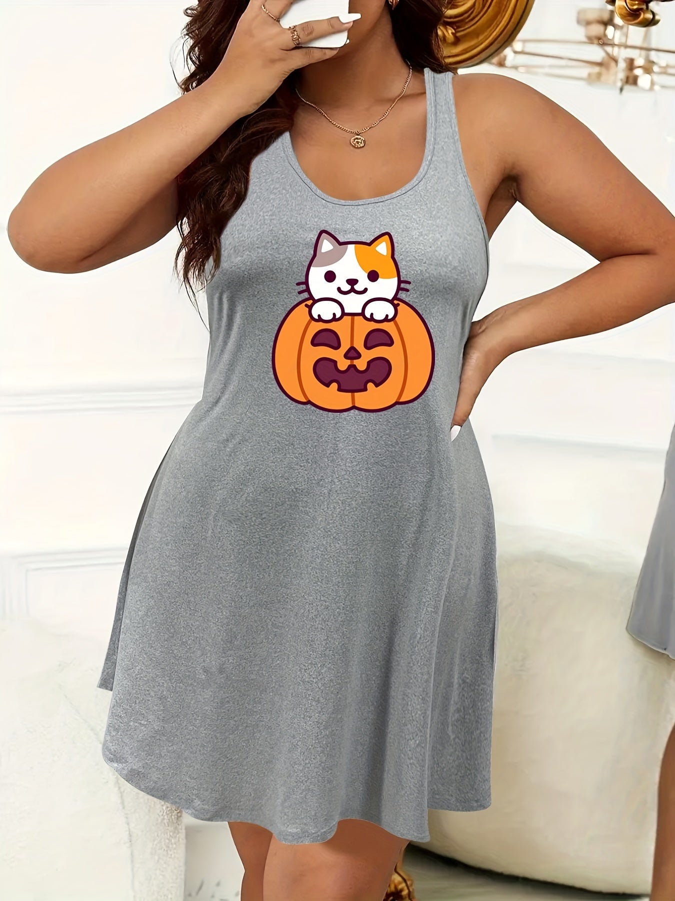 Halloween Nightdress Women's Cat & Pumpkin Print Round Neck