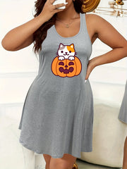 Halloween Nightdress Women's Cat & Pumpkin Print Round Neck
