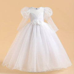 Girls Formal Dress Bubble Sleeve Performance Dress