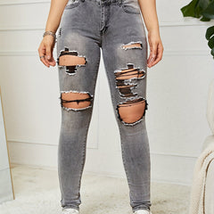 High Waist Distressed Jeans High Strech Solid Street Style Denim Pants