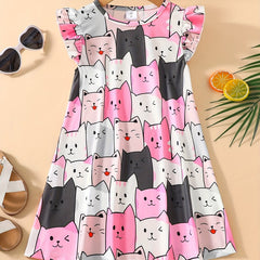 Girls Cartoon Cat Sleeveless Dress for Summer Holiday