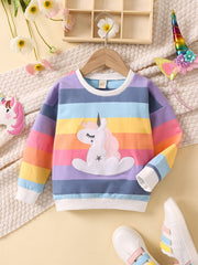 Baby Girls Pullover Rainbow Striped Unicorn Embroidered Sweatshirt