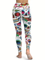 Skull And Flower Yoga Leggings For Halloween High Waist Fitness Pants