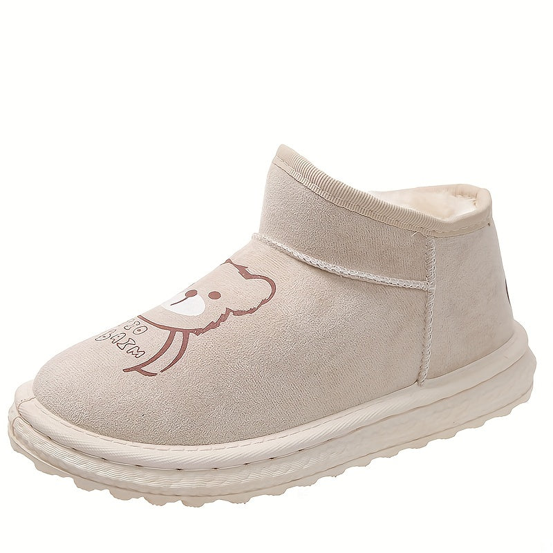 Women's Bear Pattern Plush Thermal Snow Boots Slip-on Flat Walking Shoes