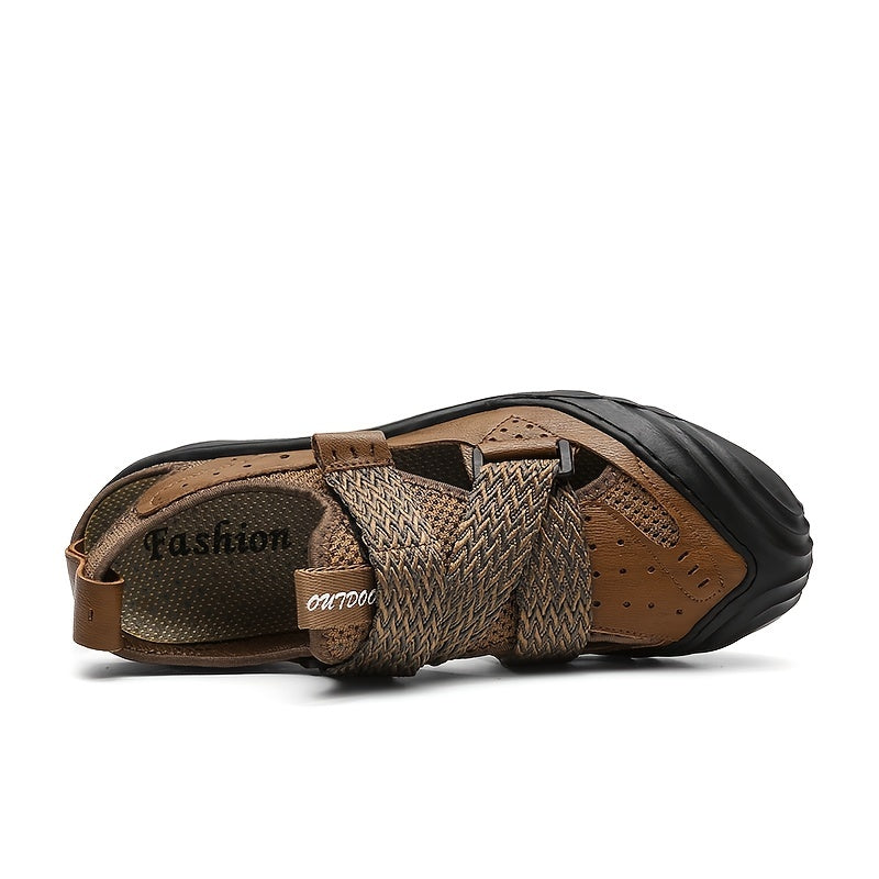 EXSHERO Men's Leather Sandals Outdoor Non Slip Beach Shoes