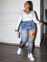 3D Denim & Sunflower High Rise Leggings