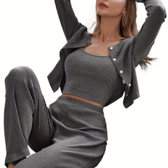 Ribbed 3pc Set Button Cardigan & Cami Top & Pants Outfit
