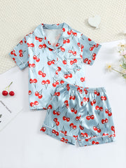 Girls Cherry Print Short Sleeve Shorts Pajama Set