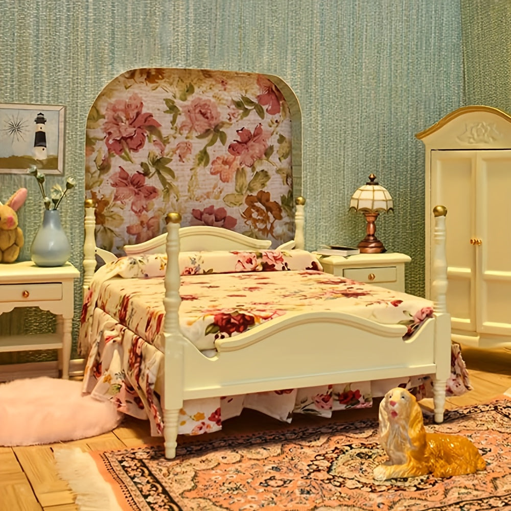 1:12 Vintage Furniture Set Cream/Mahogany Dollhouse Bed Dresser Armoi