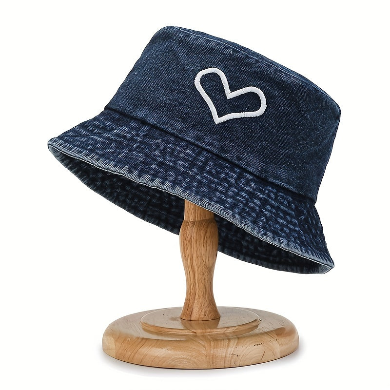 Denim Heart Embroidery Bucket Hat Distressed Couple Cap