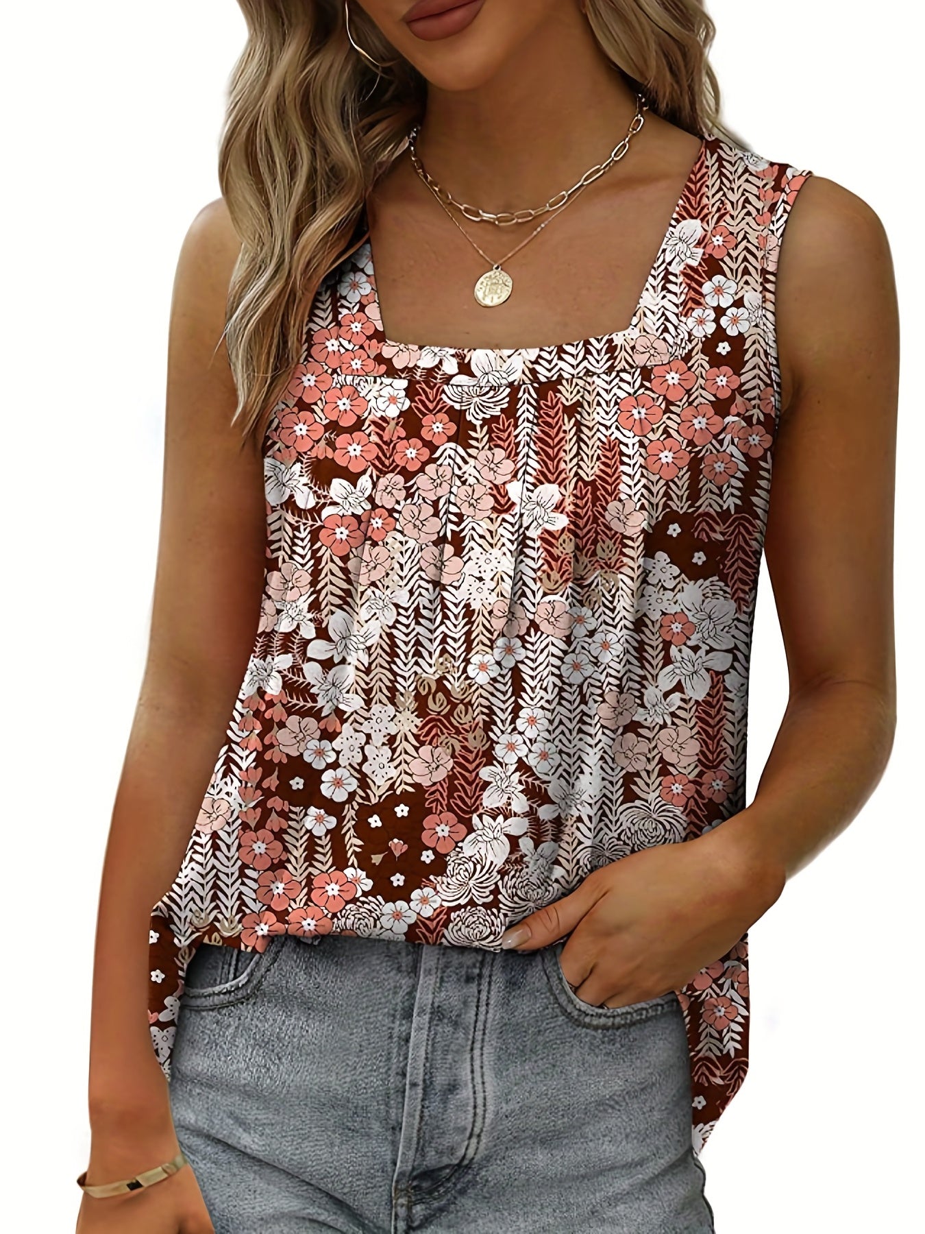 Floral Square Neck Tank Top Sleeveless Casual Summer Blouse