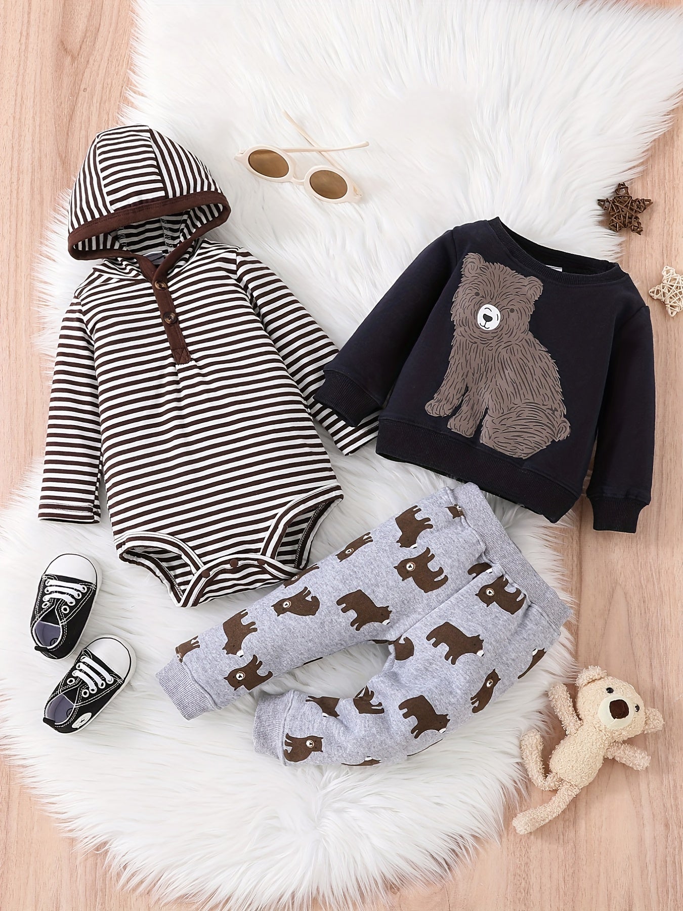 3pcs Boys Bear Print Bodysuit & Sweatshirt & Pants Set for Fall Winter