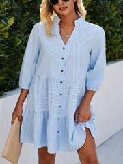 Plaid Print Button Up Three Quarter Sleeve Mock Neck Smock Dress