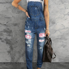Retro Denim Overall Women's Plus Floral Patched Ripped Straight Leg