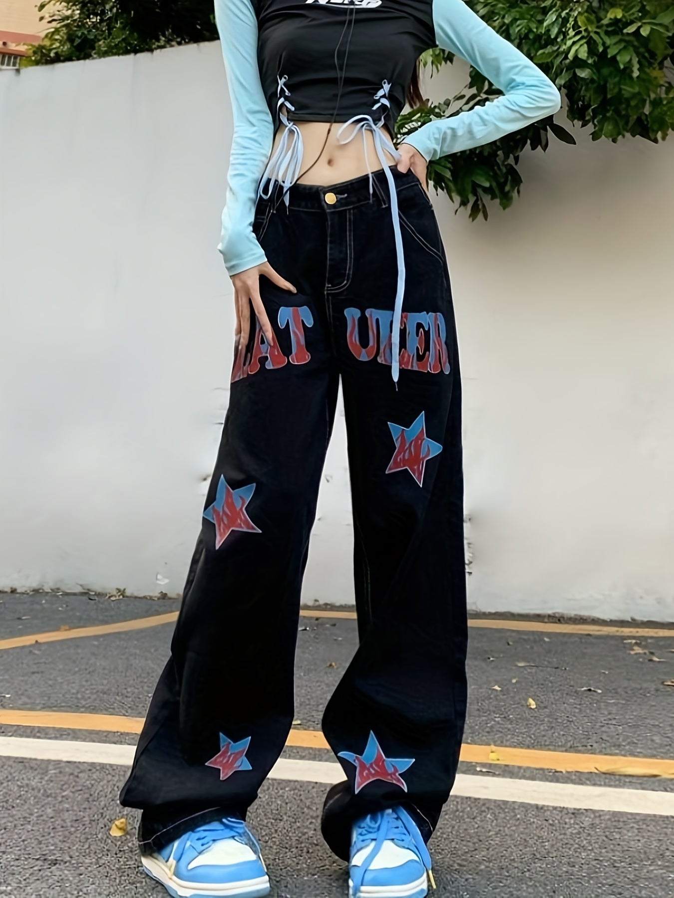 Star Flame Wide Leg Jeans Retro Loose Streetwear Denim Pants