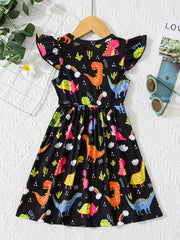 Girls' Fun Dino Cartoon Dress Short Sleeve Comfy Casual Party Vacation Kids Gift
