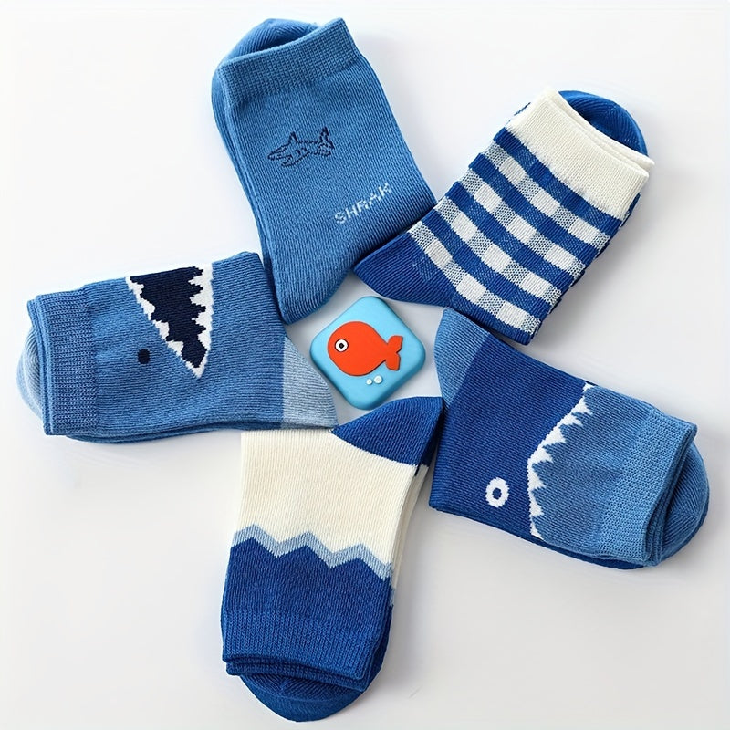 5 Boys Shark Plaid Socks Breathable Odor-proof Students Socks