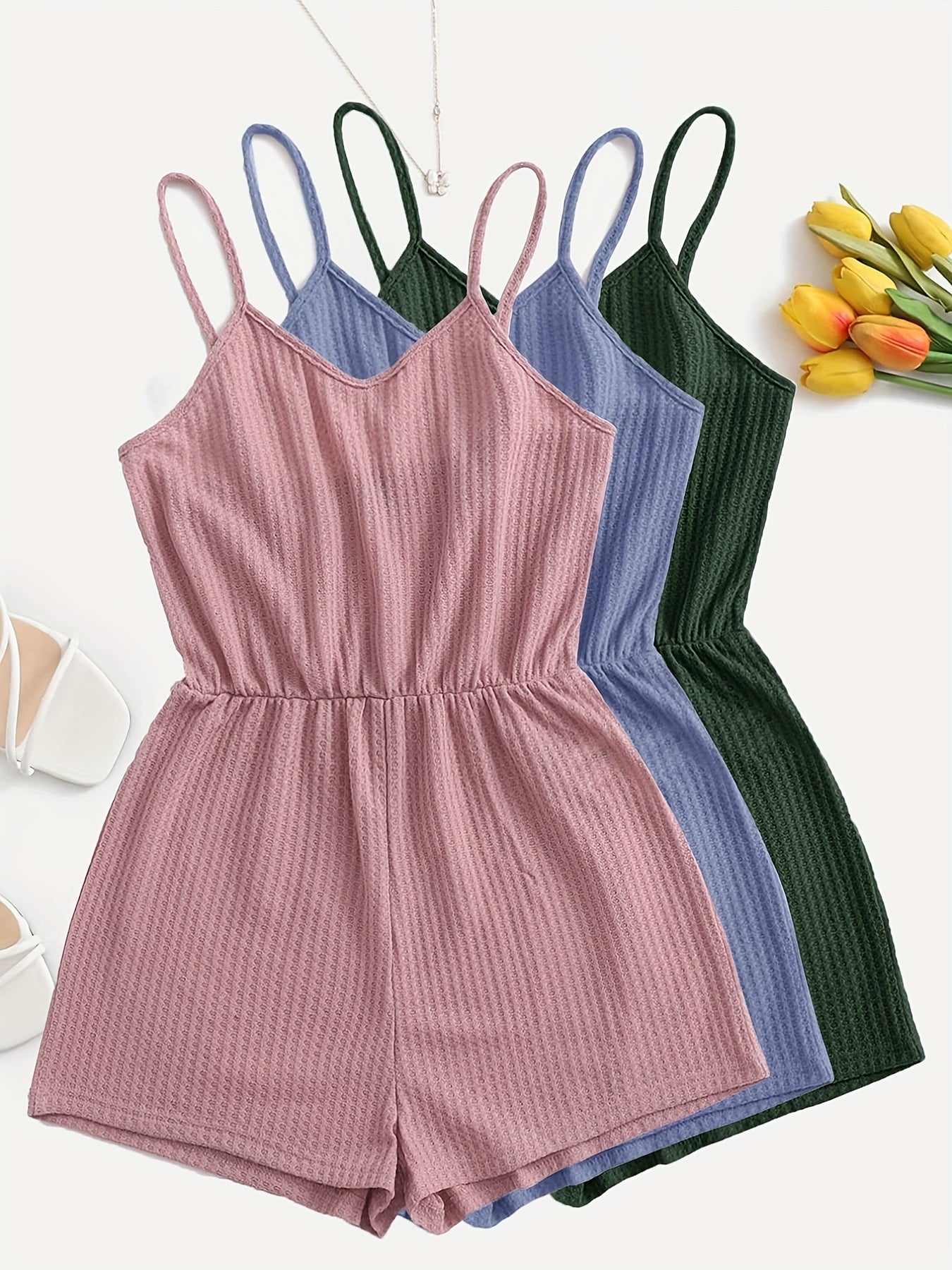 Solid Waffle Romper Jumpsuit 3 Pack V Neck Cami Romper