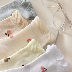 5pairs Ruffled Trim Floral Mid Tube Socks for Women