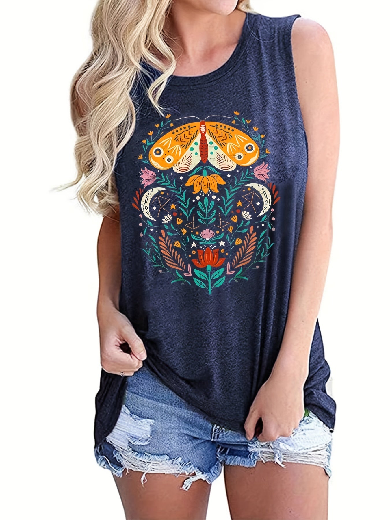 Floral Print Tank Top Summer Sleeveless Casual Crew Neck Women's Clothing