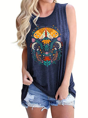 Floral Print Tank Top Summer Sleeveless Casual Crew Neck Women's Clothing