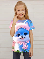 3D Kitty & Flower Graphic Short Sleeve T-shirt for Girls Summer Sports