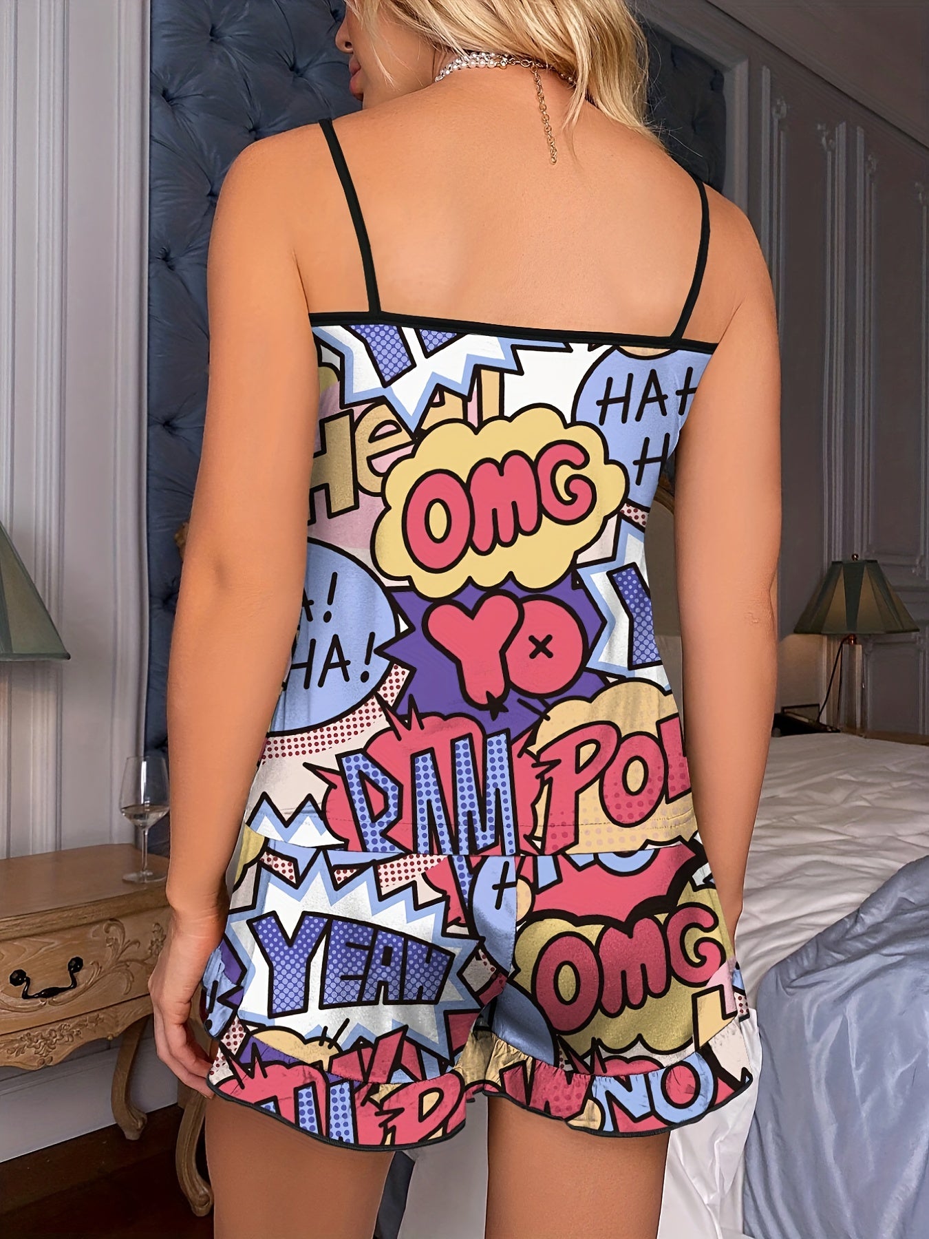 Cartoon Letter Print Pajama Set Crew Neck Cami Top & Ruffle Shorts