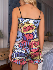 Cartoon Letter Print Pajama Set Crew Neck Cami Top & Ruffle Shorts