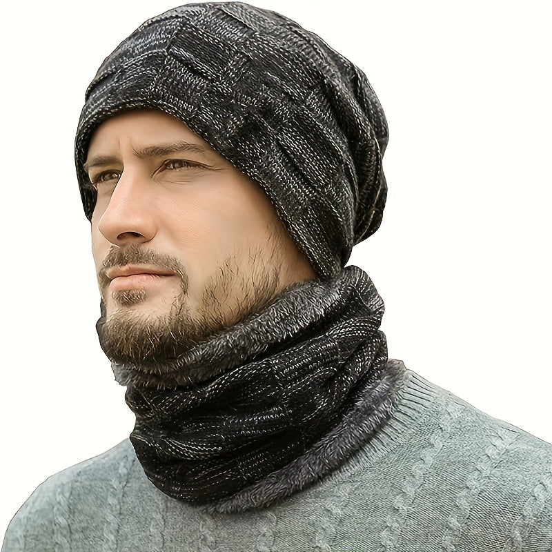 Mens Winter Beanie Hats Scarf Set Fleece Lined Warm Knitted & Scarf For Men