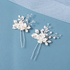 2pcs Leaf Faux Pearl Crystal Hairpin for Wedding Bridal Hair Access